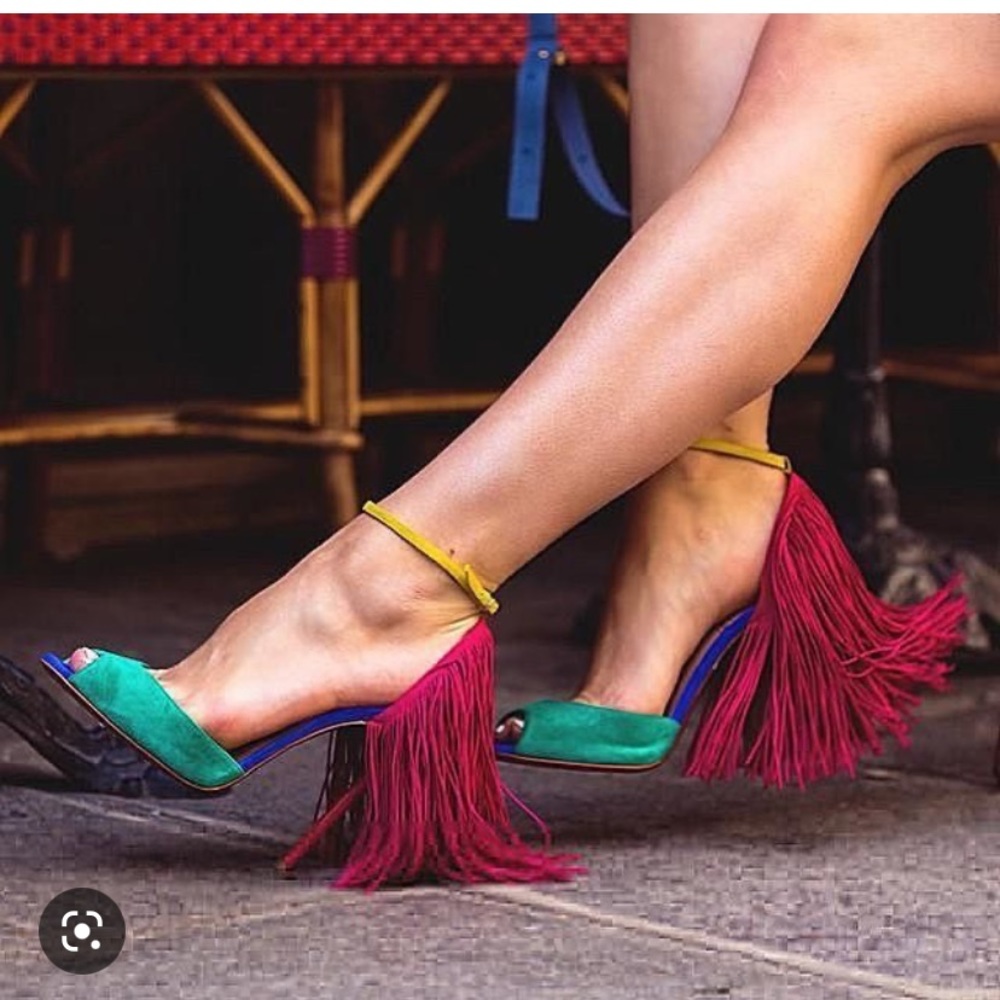 Christian Louboutin Green and Pink Fringe Suede Heels